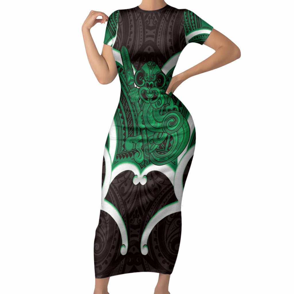 Kakariki Aotearoa Atua Tumatauenga Personalised Short Sleeve Bodycon Dress Maori God Of War Tiki With Taiaha LT14 Long Dress Green - Polynesian Pride