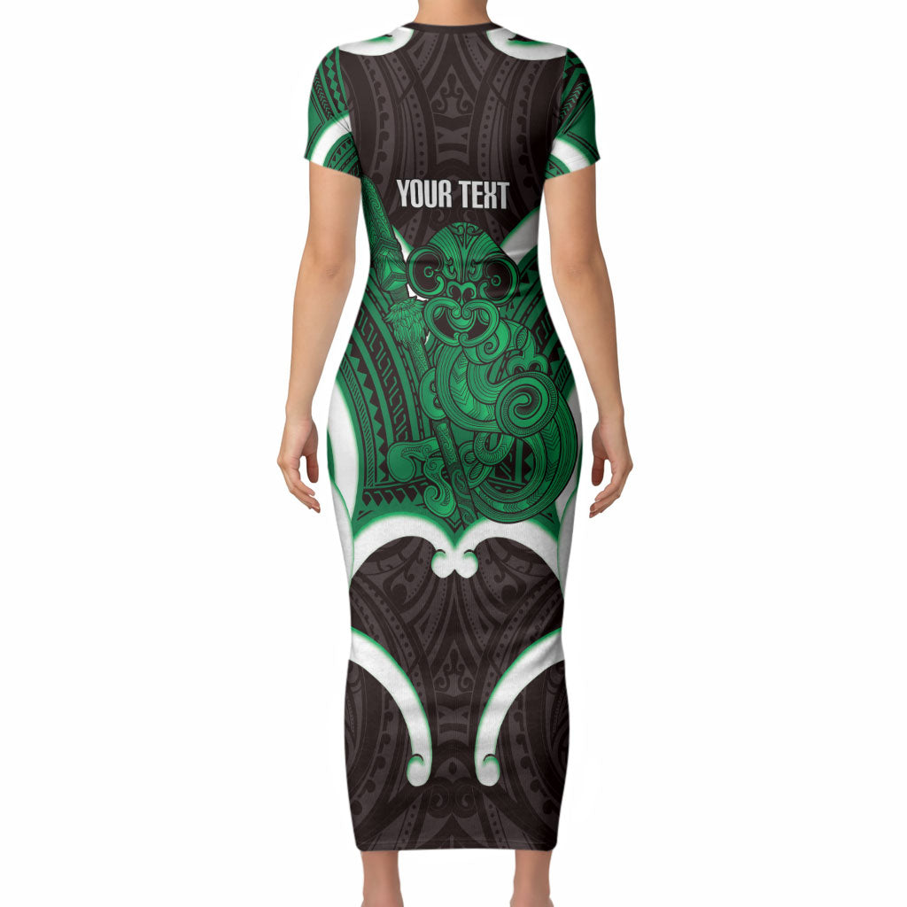 Kakariki Aotearoa Atua Tumatauenga Personalised Short Sleeve Bodycon Dress Maori God Of War Tiki With Taiaha LT14 - Polynesian Pride
