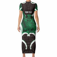 Kakariki Aotearoa Atua Tumatauenga Personalised Short Sleeve Bodycon Dress Maori God Of War Tiki With Taiaha LT14 - Polynesian Pride