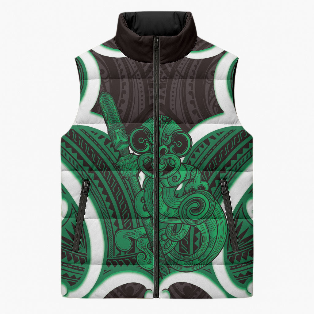 Kakariki Aotearoa Atua Tumatauenga Personalised Sleeveless Puffer Jacket Maori God Of War Tiki With Taiaha LT14 Unisex Green - Polynesian Pride