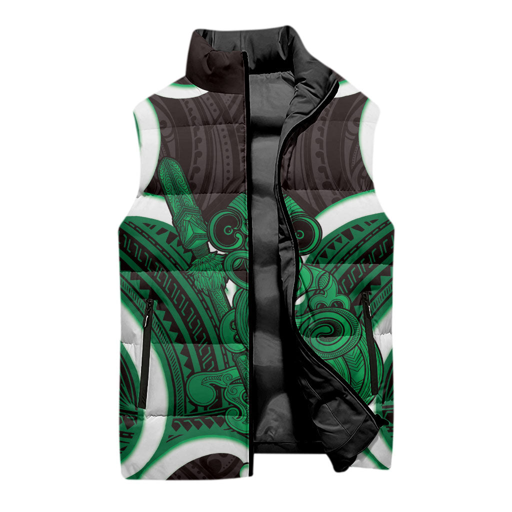 Kakariki Aotearoa Atua Tumatauenga Personalised Sleeveless Puffer Jacket Maori God Of War Tiki With Taiaha LT14 - Polynesian Pride