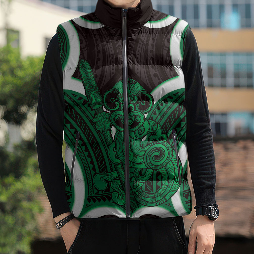Kakariki Aotearoa Atua Tumatauenga Personalised Sleeveless Puffer Jacket Maori God Of War Tiki With Taiaha LT14 - Polynesian Pride