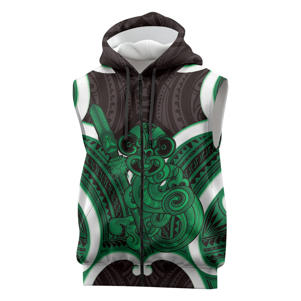 Kakariki Aotearoa Atua Tumatauenga Personalised Sleeveless Zip Hoodie Maori God Of War Tiki With Taiaha LT14 Green - Polynesian Pride