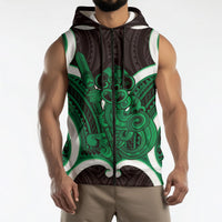 Kakariki Aotearoa Atua Tumatauenga Personalised Sleeveless Zip Hoodie Maori God Of War Tiki With Taiaha LT14 - Polynesian Pride