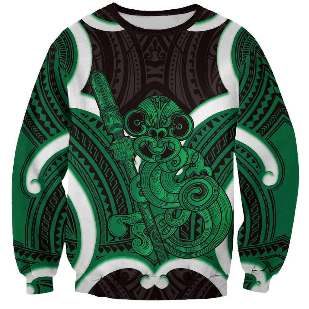 Kakariki Aotearoa Atua Tumatauenga Personalised Sweatshirt Maori God Of War Tiki With Taiaha LT14 Unisex Green - Polynesian Pride