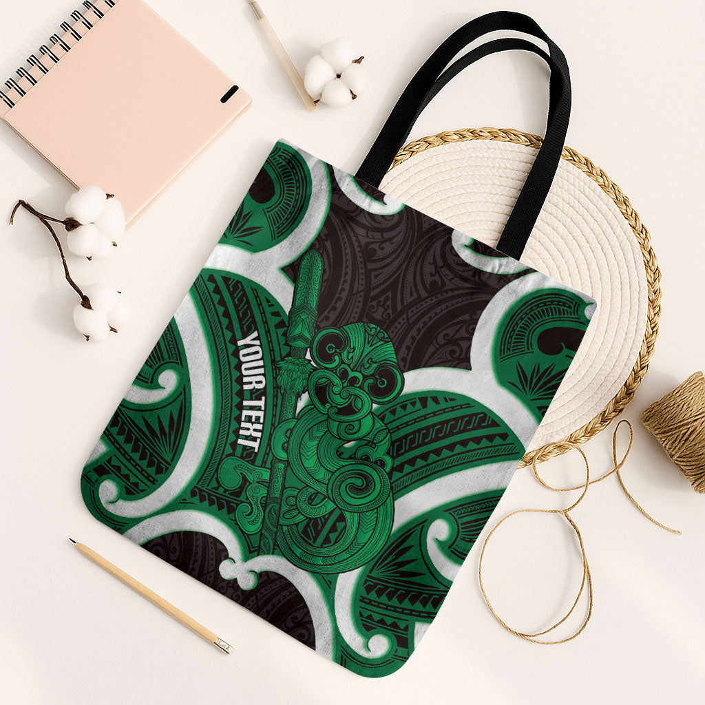 Kakariki Aotearoa Atua Tumatauenga Personalised Tote Bag Maori God Of War Tiki With Taiaha LT14 Black Strap One Size Green - Polynesian Pride