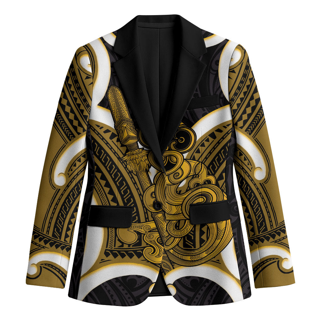 Kowhai Aotearoa Atua Tumatauenga Personalised Blazer Maori God Of War Tiki With Taiaha LT14 Unisex Yellow - Polynesian Pride