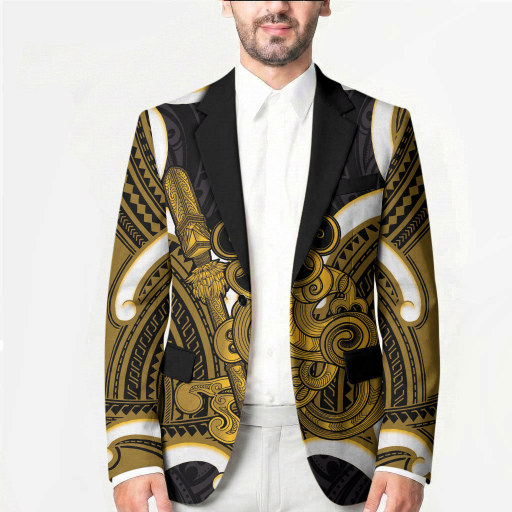 Kowhai Aotearoa Atua Tumatauenga Personalised Blazer Maori God Of War Tiki With Taiaha LT14 - Polynesian Pride