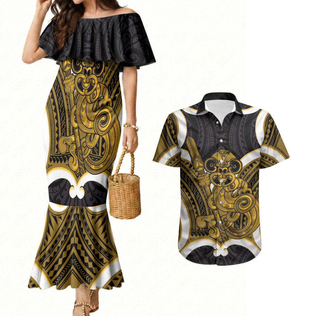 Kowhai Aotearoa Atua Tumatauenga Personalised Couples Matching Mermaid Dress and Hawaiian Shirt Maori God Of War Tiki With Taiaha LT14 Yellow - Polynesian Pride