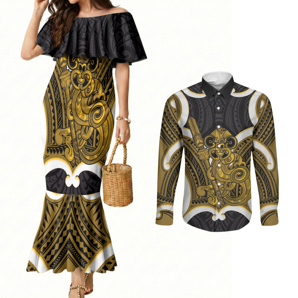 Kowhai Aotearoa Atua Tumatauenga Personalised Couples Matching Mermaid Dress and Long Sleeve Button Shirt Maori God Of War Tiki With Taiaha LT14 Yellow - Polynesian Pride