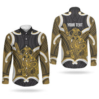 Kowhai Aotearoa Atua Tumatauenga Personalised Couples Matching Mermaid Dress and Long Sleeve Button Shirt Maori God Of War Tiki With Taiaha LT14 - Polynesian Pride