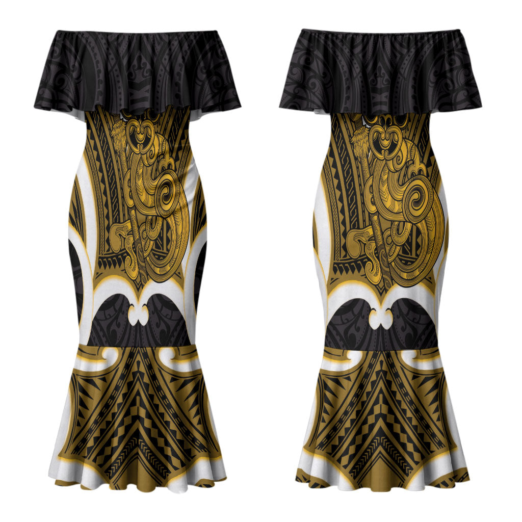 Kowhai Aotearoa Atua Tumatauenga Personalised Couples Matching Mermaid Dress and Long Sleeve Button Shirt Maori God Of War Tiki With Taiaha LT14 - Polynesian Pride