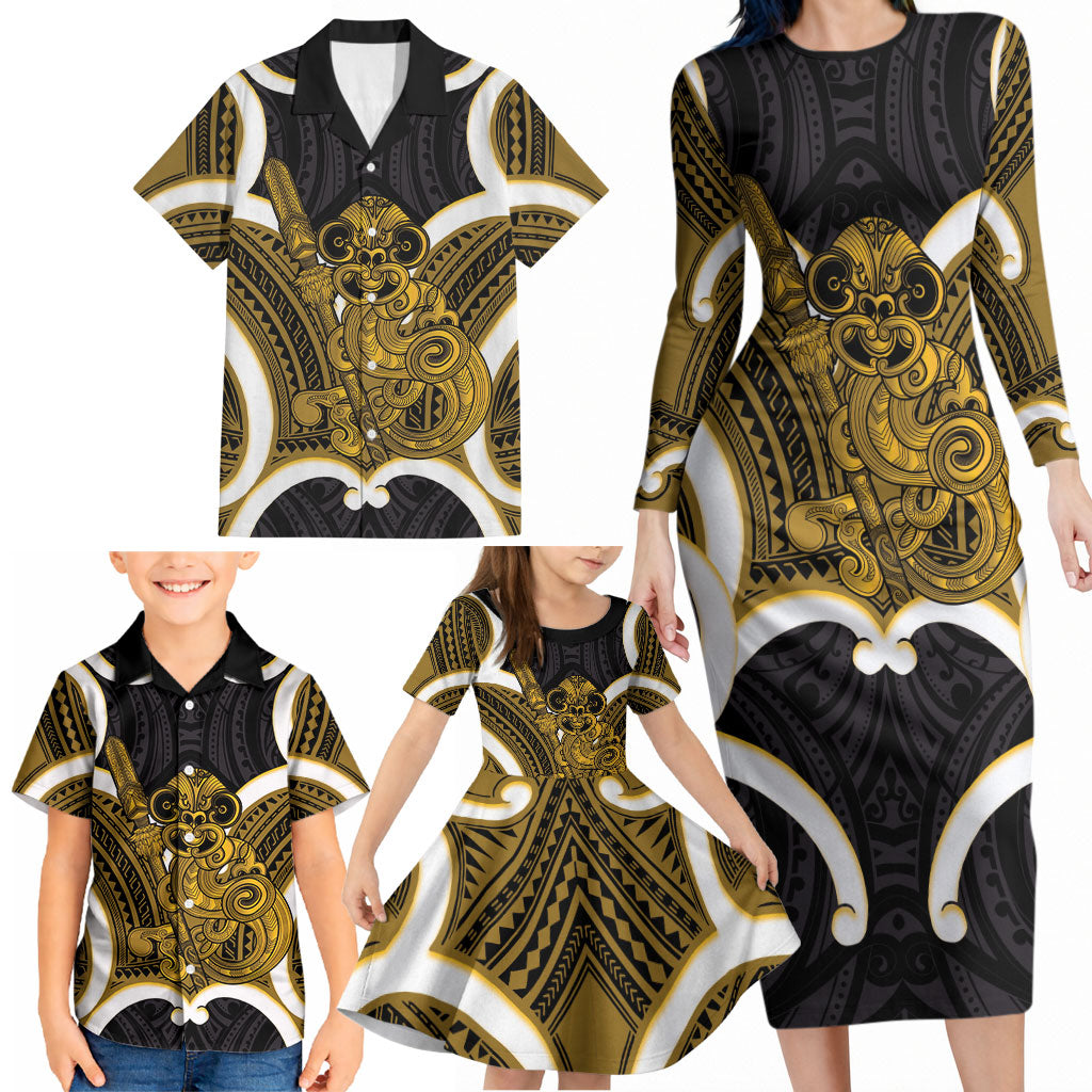 Kowhai Aotearoa Atua Tumatauenga Personalised Family Matching Long Sleeve Bodycon Dress and Hawaiian Shirt Maori God Of War Tiki With Taiaha LT14 - Polynesian Pride