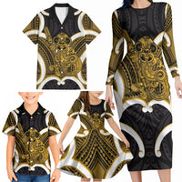 Kowhai Aotearoa Atua Tumatauenga Personalised Family Matching Long Sleeve Bodycon Dress and Hawaiian Shirt Maori God Of War Tiki With Taiaha LT14 - Polynesian Pride