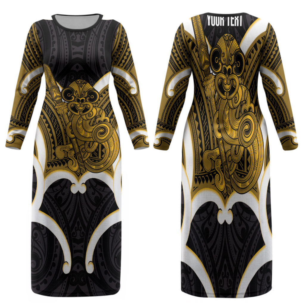 Kowhai Aotearoa Atua Tumatauenga Personalised Family Matching Long Sleeve Bodycon Dress and Hawaiian Shirt Maori God Of War Tiki With Taiaha LT14 Mom's Dress Yellow - Polynesian Pride