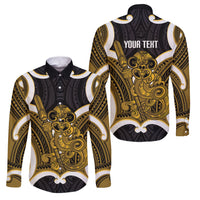 Kowhai Aotearoa Atua Tumatauenga Personalised Family Matching Long Sleeve Bodycon Dress and Hawaiian Shirt Maori God Of War Tiki With Taiaha LT14 Dad's Shirt - Long Sleeve Yellow - Polynesian Pride