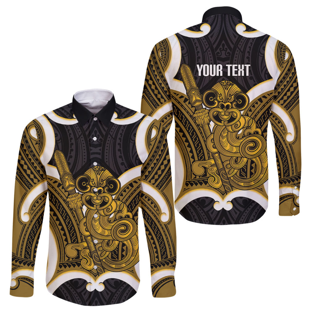 Kowhai Aotearoa Atua Tumatauenga Personalised Family Matching Mermaid Dress and Hawaiian Shirt Maori God Of War Tiki With Taiaha LT14 Dad's Shirt - Long Sleeve Yellow - Polynesian Pride