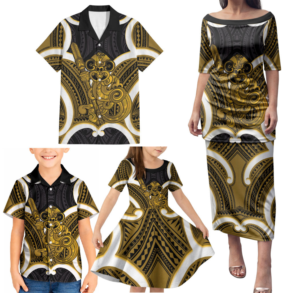 Kowhai Aotearoa Atua Tumatauenga Personalised Family Matching Puletasi and Hawaiian Shirt Maori God Of War Tiki With Taiaha LT14 - Polynesian Pride