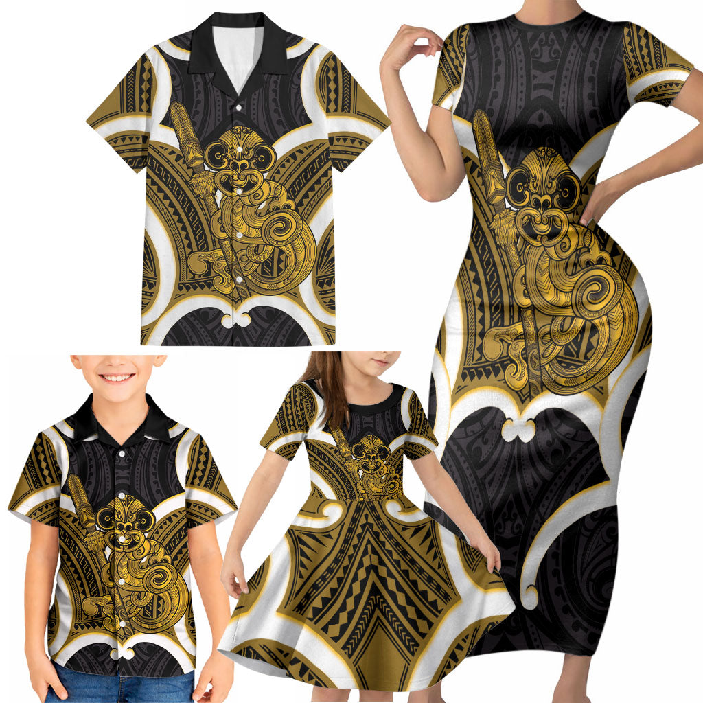 Kowhai Aotearoa Atua Tumatauenga Personalised Family Matching Short Sleeve Bodycon Dress and Hawaiian Shirt Maori God Of War Tiki With Taiaha LT14 - Polynesian Pride
