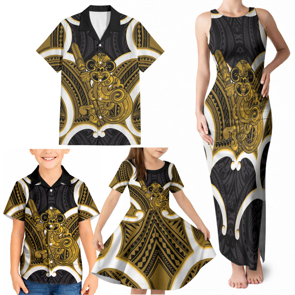 Kowhai Aotearoa Atua Tumatauenga Personalised Family Matching Tank Maxi Dress and Hawaiian Shirt Maori God Of War Tiki With Taiaha LT14 - Polynesian Pride