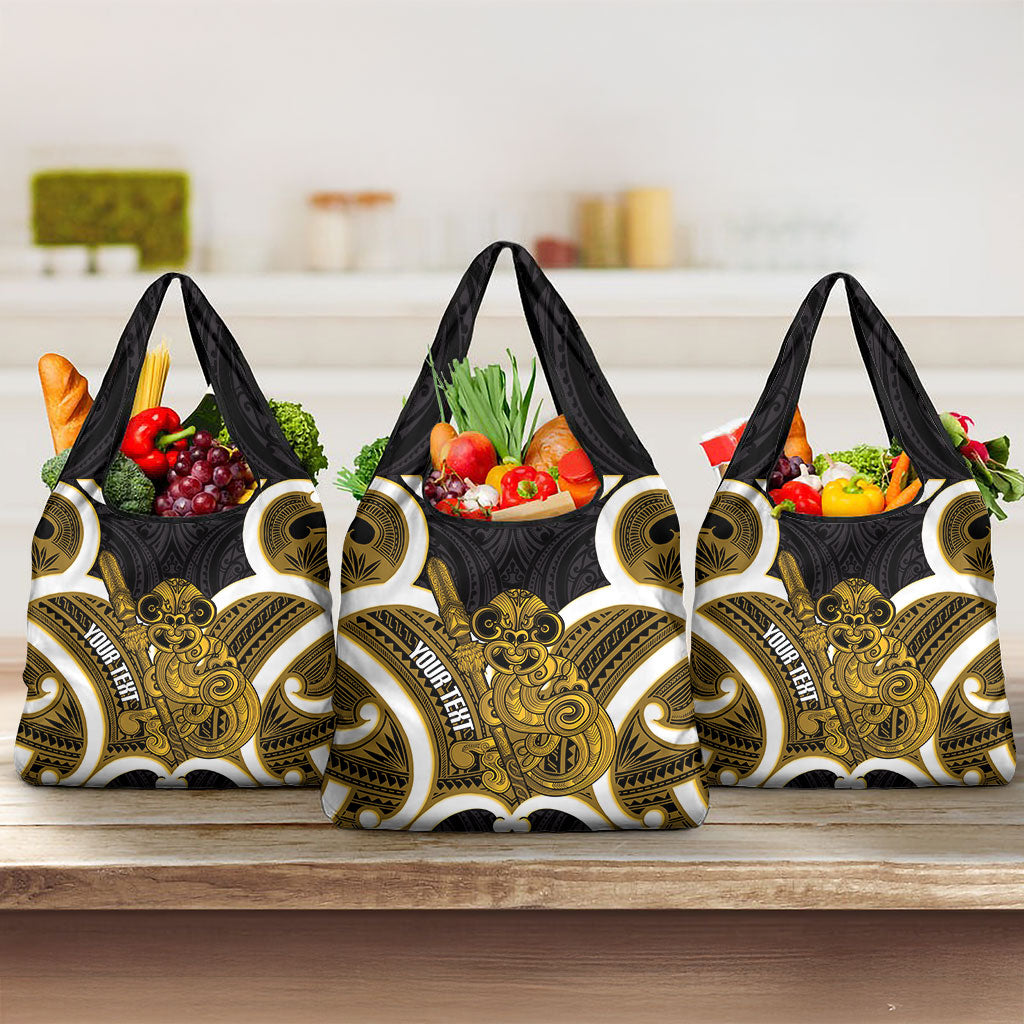 Kowhai Aotearoa Atua Tumatauenga Personalised Grocery Bag Maori God Of War Tiki With Taiaha LT14 3-pack One Size Yellow - Polynesian Pride