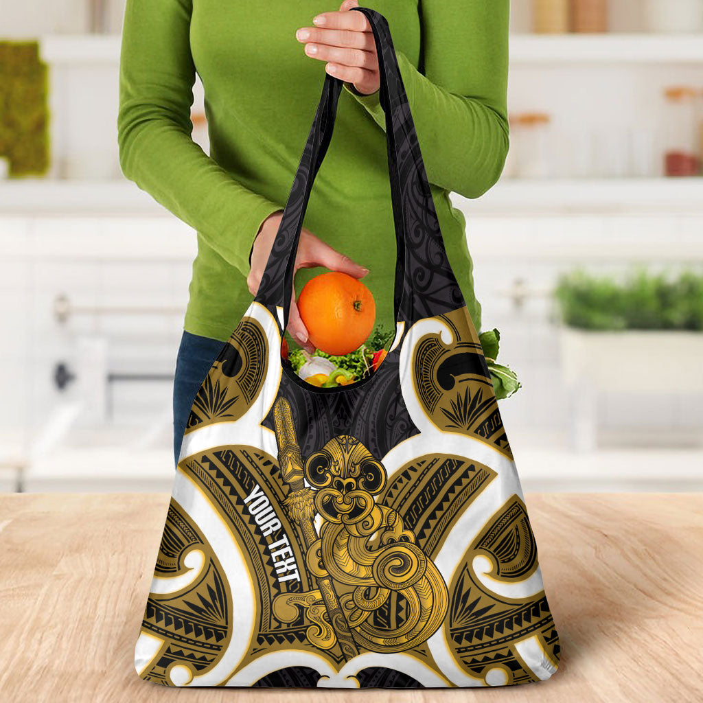 Kowhai Aotearoa Atua Tumatauenga Personalised Grocery Bag Maori God Of War Tiki With Taiaha LT14 - Polynesian Pride