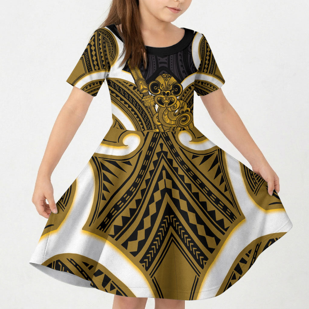 Kowhai Aotearoa Atua Tumatauenga Personalised Kid Short Sleeve Dress Maori God Of War Tiki With Taiaha LT14 KID Yellow - Polynesian Pride