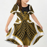 Kowhai Aotearoa Atua Tumatauenga Personalised Kid Short Sleeve Dress Maori God Of War Tiki With Taiaha LT14 KID Yellow - Polynesian Pride