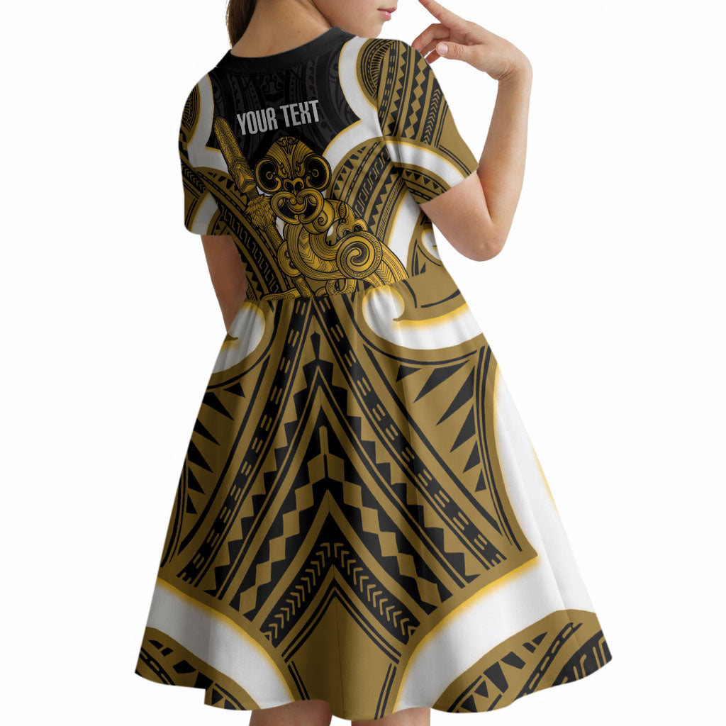 Kowhai Aotearoa Atua Tumatauenga Personalised Kid Short Sleeve Dress Maori God Of War Tiki With Taiaha LT14 - Polynesian Pride