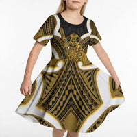 Kowhai Aotearoa Atua Tumatauenga Personalised Kid Short Sleeve Dress Maori God Of War Tiki With Taiaha LT14 - Polynesian Pride