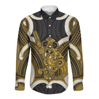 Kowhai Aotearoa Atua Tumatauenga Personalised Long Sleeve Button Shirt Maori God Of War Tiki With Taiaha LT14 Unisex Yellow - Polynesian Pride
