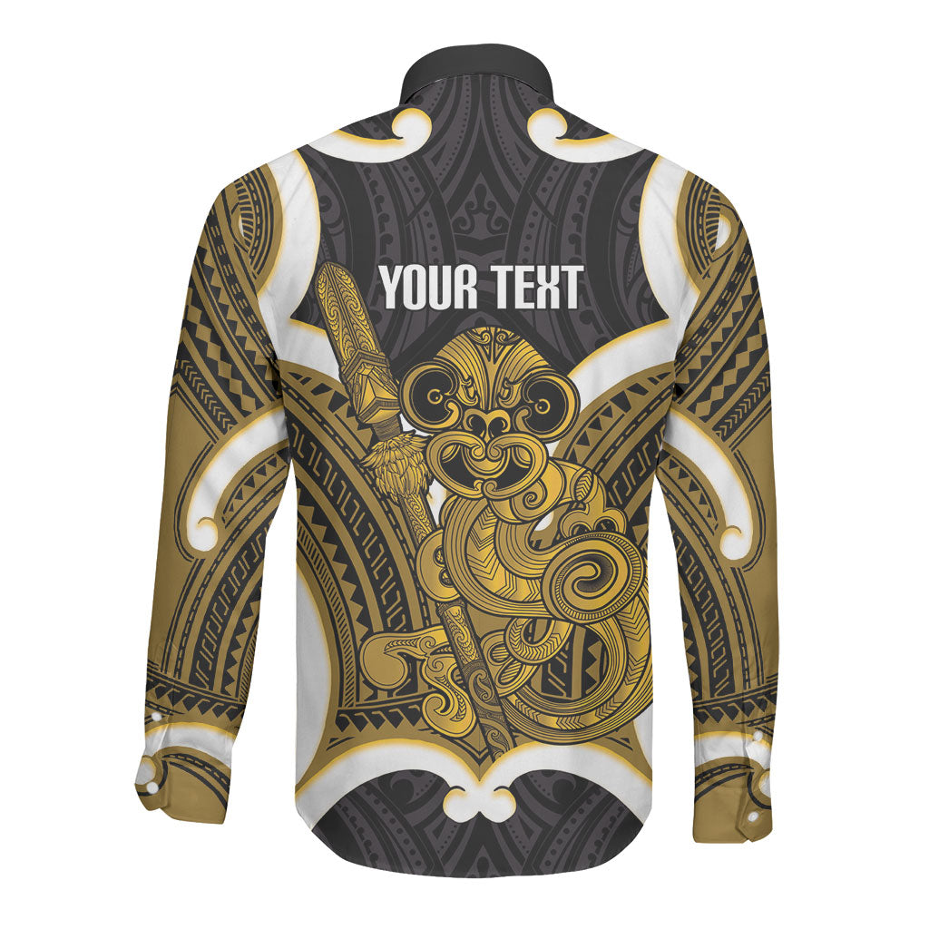 Kowhai Aotearoa Atua Tumatauenga Personalised Long Sleeve Button Shirt Maori God Of War Tiki With Taiaha LT14 - Polynesian Pride