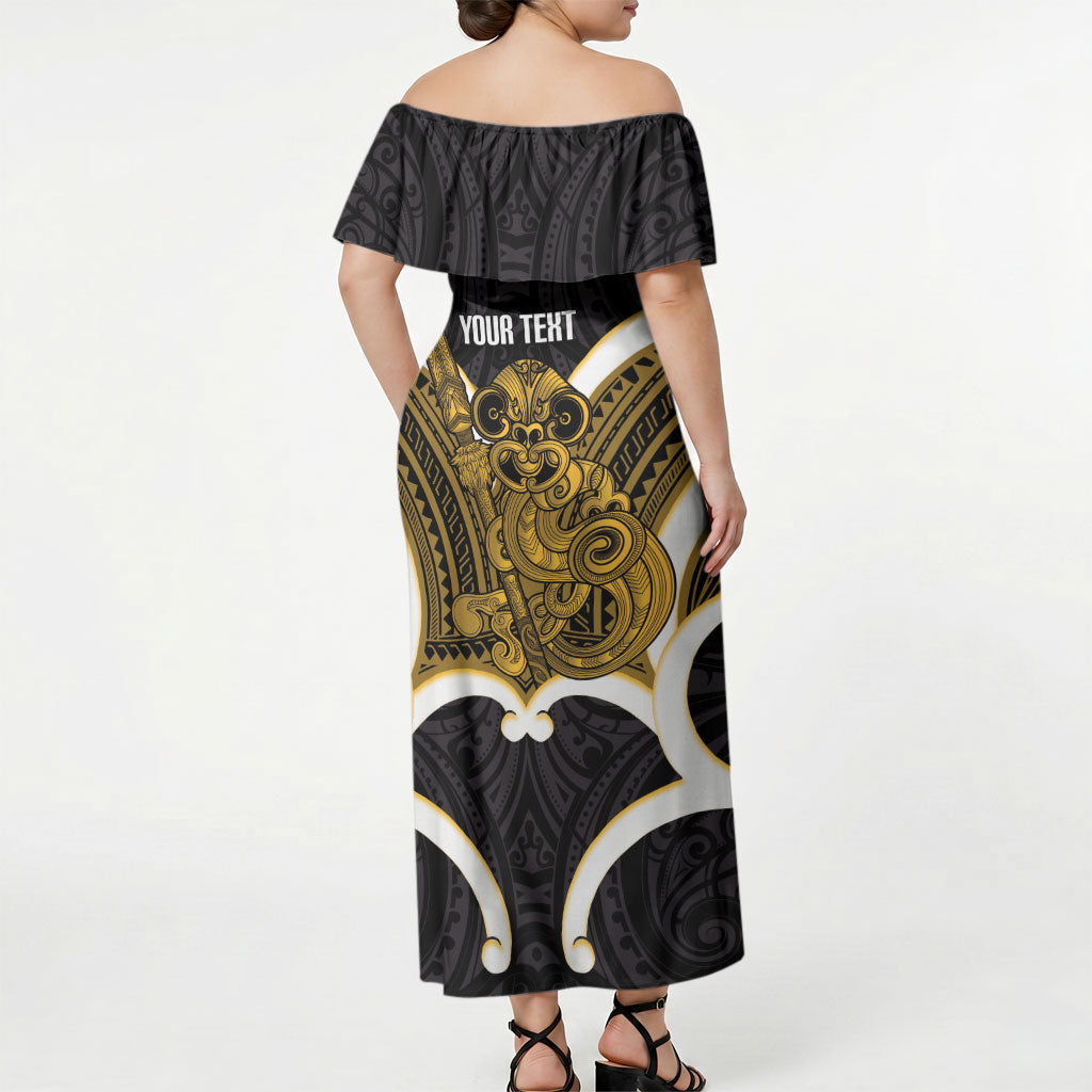 Kowhai Aotearoa Atua Tumatauenga Personalised Off Shoulder Maxi Dress Maori God Of War Tiki With Taiaha LT14 - Polynesian Pride