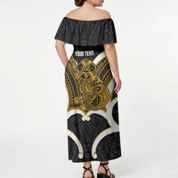 Kowhai Aotearoa Atua Tumatauenga Personalised Off Shoulder Maxi Dress Maori God Of War Tiki With Taiaha LT14 - Polynesian Pride
