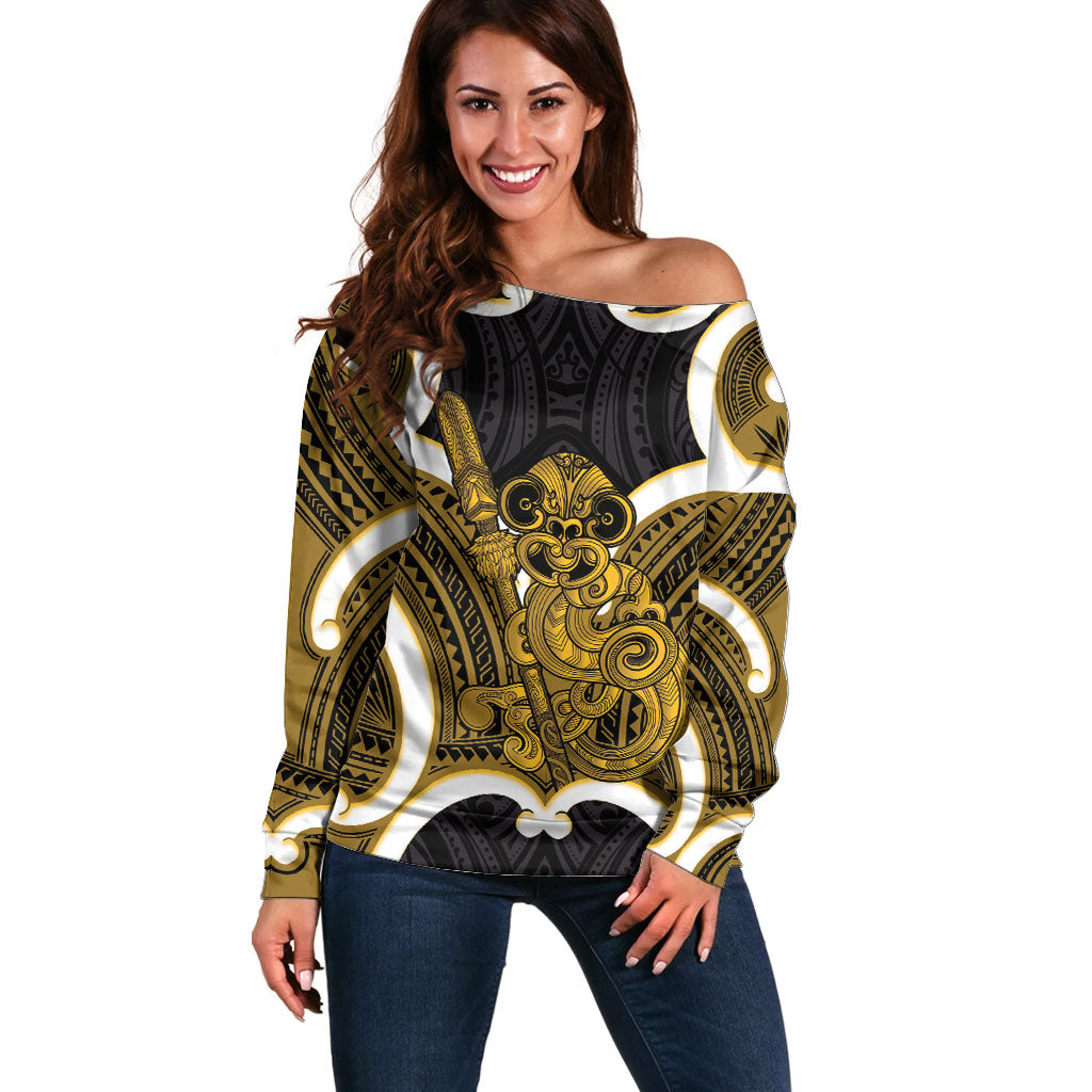 Kowhai Aotearoa Atua Tumatauenga Personalised Off Shoulder Sweater Maori God Of War Tiki With Taiaha LT14 Women Yellow - Polynesian Pride