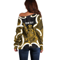 Kowhai Aotearoa Atua Tumatauenga Personalised Off Shoulder Sweater Maori God Of War Tiki With Taiaha LT14 - Polynesian Pride