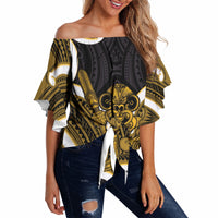 Kowhai Aotearoa Atua Tumatauenga Personalised Off Shoulder Wrap Waist Top Maori God Of War Tiki With Taiaha LT14 Yellow - Polynesian Pride