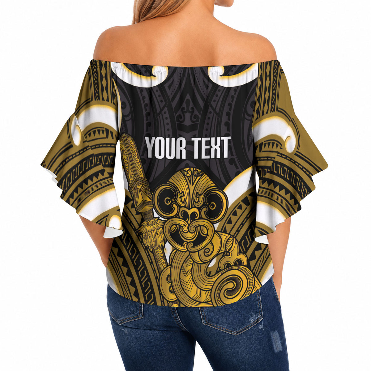Kowhai Aotearoa Atua Tumatauenga Personalised Off Shoulder Wrap Waist Top Maori God Of War Tiki With Taiaha LT14 - Polynesian Pride