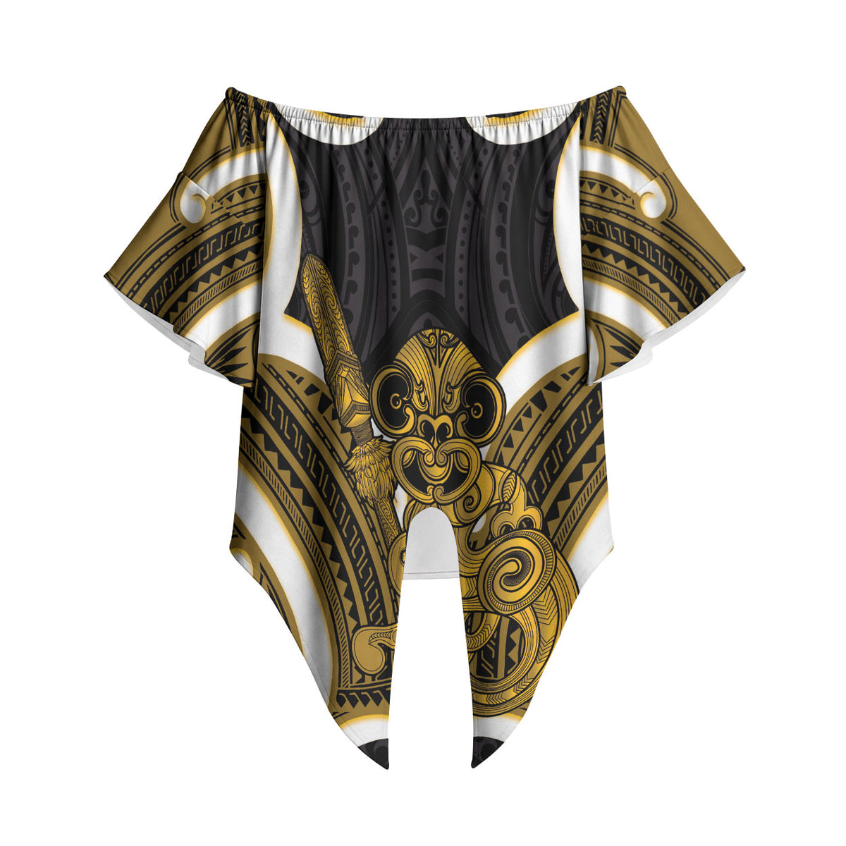 Kowhai Aotearoa Atua Tumatauenga Personalised Off Shoulder Wrap Waist Top Maori God Of War Tiki With Taiaha LT14 - Polynesian Pride