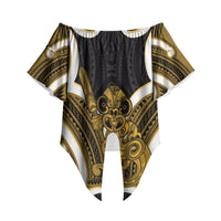 Kowhai Aotearoa Atua Tumatauenga Personalised Off Shoulder Wrap Waist Top Maori God Of War Tiki With Taiaha LT14 - Polynesian Pride