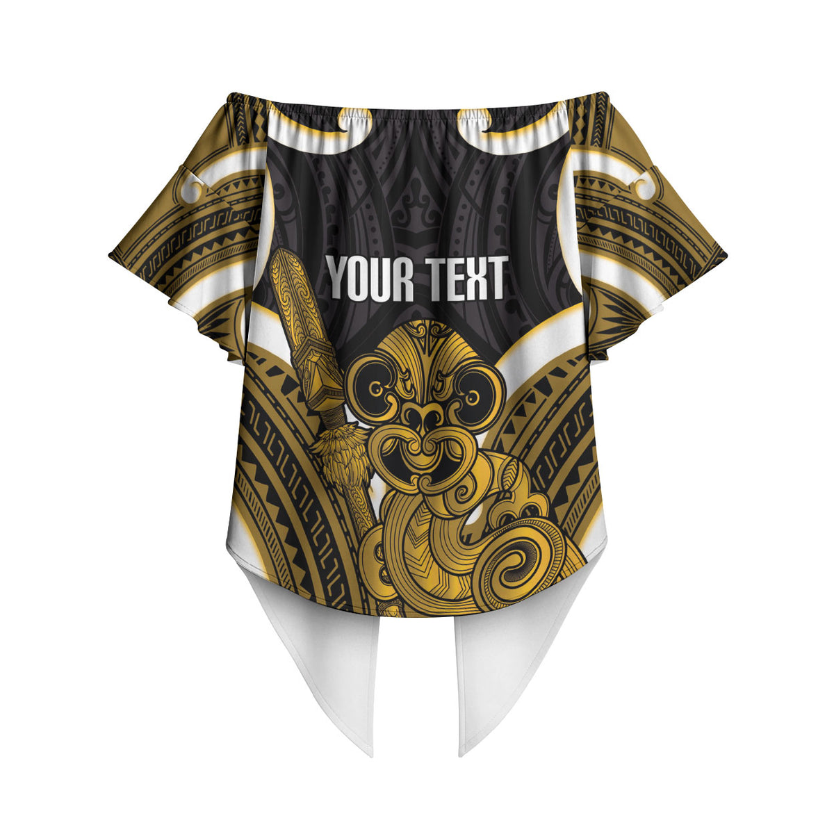 Kowhai Aotearoa Atua Tumatauenga Personalised Off Shoulder Wrap Waist Top Maori God Of War Tiki With Taiaha LT14 - Polynesian Pride