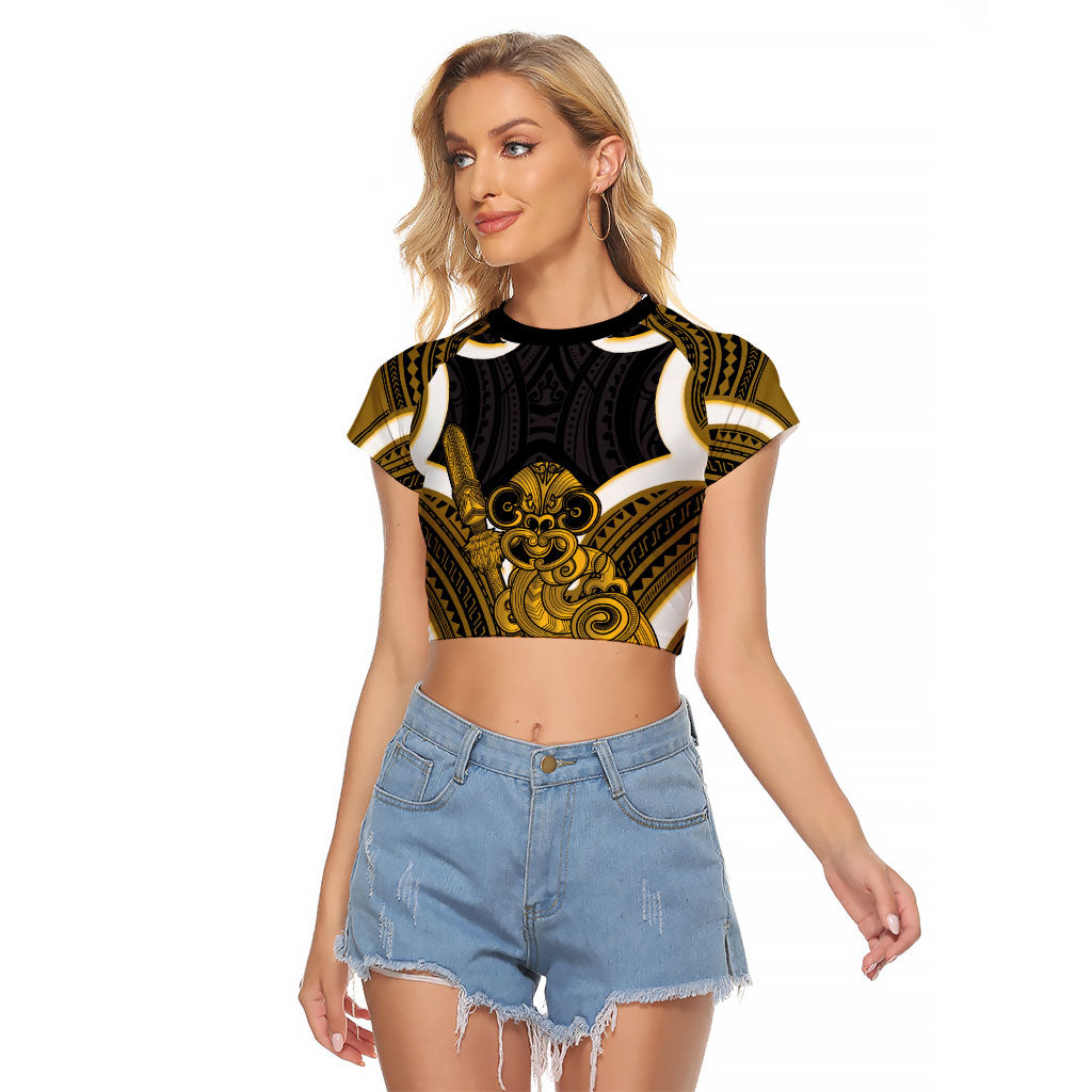 Kowhai Aotearoa Atua Tumatauenga Personalised Raglan Cropped T Shirt Maori God Of War Tiki With Taiaha LT14 Female Yellow - Polynesian Pride