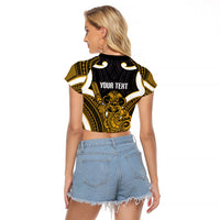 Kowhai Aotearoa Atua Tumatauenga Personalised Raglan Cropped T Shirt Maori God Of War Tiki With Taiaha LT14 - Polynesian Pride