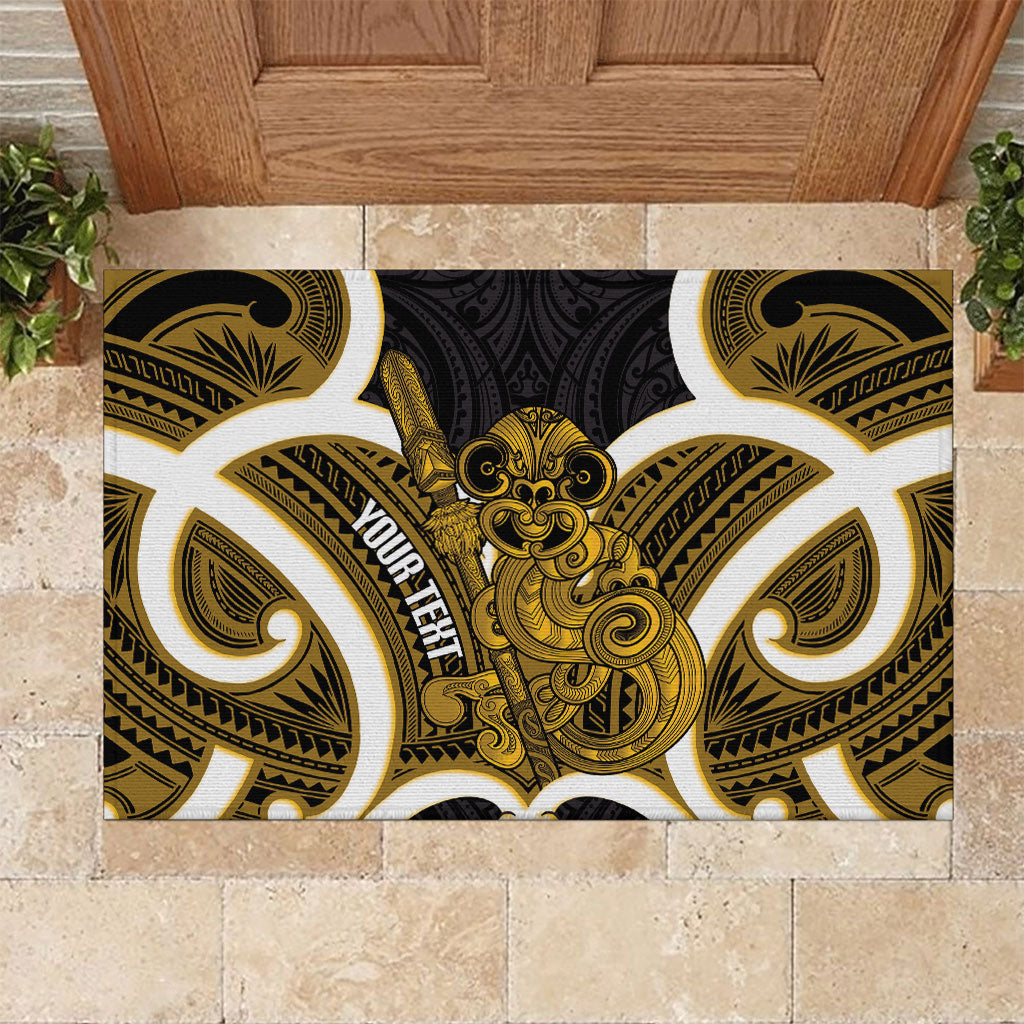 Kowhai Aotearoa Atua Tumatauenga Personalised Rubber Doormat Maori God Of War Tiki With Taiaha LT14 Yellow - Polynesian Pride