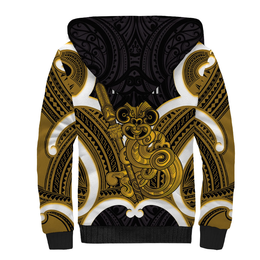 Kowhai Aotearoa Atua Tumatauenga Personalised Sherpa Hoodie Maori God Of War Tiki With Taiaha LT14 - Polynesian Pride
