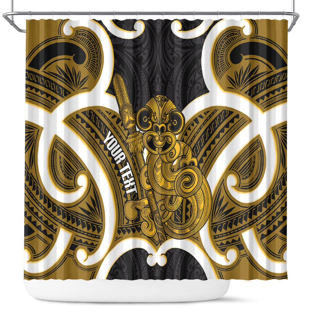 Kowhai Aotearoa Atua Tumatauenga Personalised Shower Curtain Maori God Of War Tiki With Taiaha LT14 Yellow - Polynesian Pride
