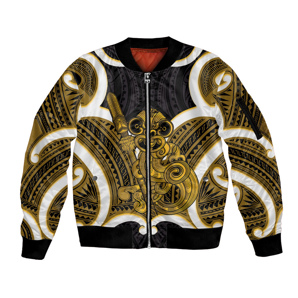 Kowhai Aotearoa Atua Tumatauenga Personalised Sleeve Zip Bomber Jacket Maori God Of War Tiki With Taiaha LT14 Unisex Yellow - Polynesian Pride