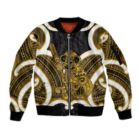 Kowhai Aotearoa Atua Tumatauenga Personalised Sleeve Zip Bomber Jacket Maori God Of War Tiki With Taiaha LT14 Unisex Yellow - Polynesian Pride