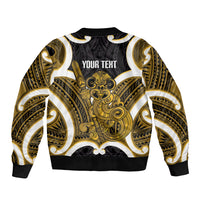 Kowhai Aotearoa Atua Tumatauenga Personalised Sleeve Zip Bomber Jacket Maori God Of War Tiki With Taiaha LT14 - Polynesian Pride