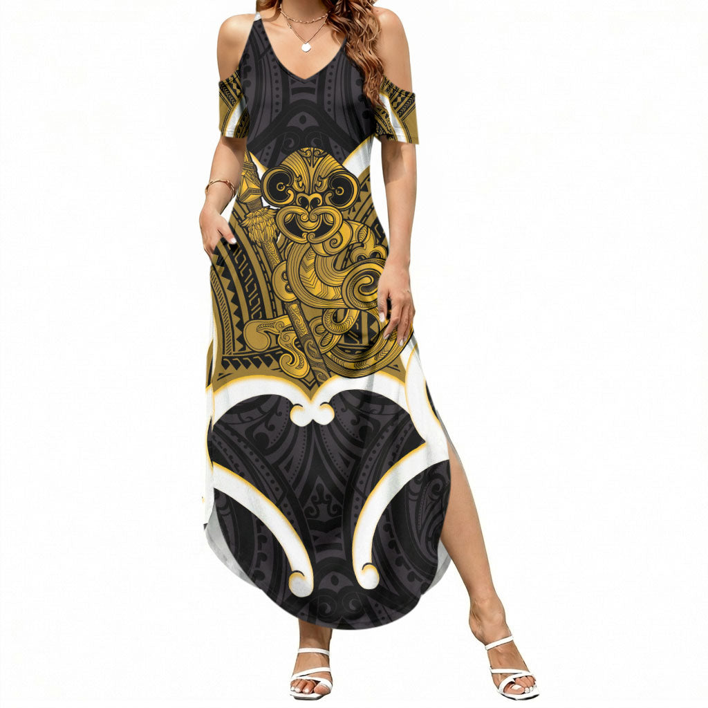 Kowhai Aotearoa Atua Tumatauenga Personalised Summer Maxi Dress Maori God Of War Tiki With Taiaha LT14 Women Yellow - Polynesian Pride